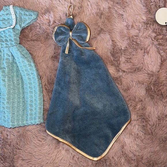 Set of 3 hand towels and dish towels in shade of blue 2 doll dress & 1 gold trim - Picture 2 of 11
